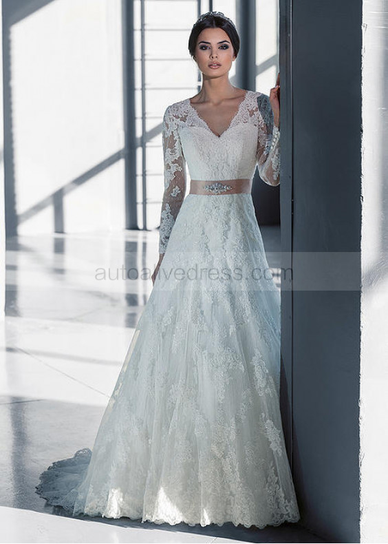 V Neck Ivory Lace Polka Dots Tulle Long Sleeves Wedding Dress